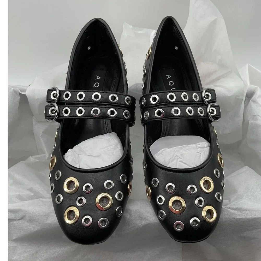 Aqua Gabbi Black Grommet Mary Jane Flats Double Buckle Mixed Metal Shoes Size 5M